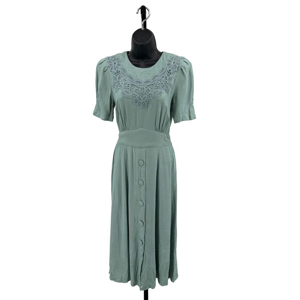 VTG Karin Stevens Dress WMNS 6 Petite Button-Down Pleated Smocked Lace Floral